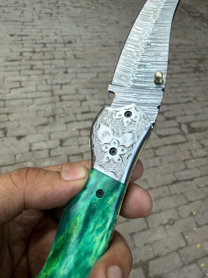 Jadeline Damascus Folder 7" Handmade Turquoise-Green Resin Handle