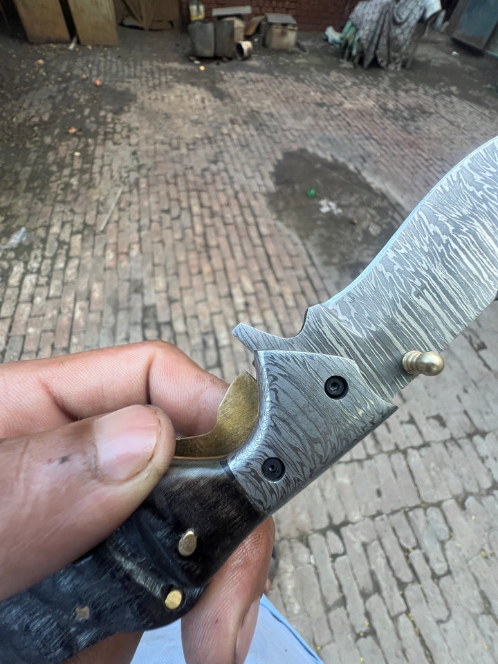 Grithorn Damascus Folder 7" Handmade Horn Handle Lock Back Mechanism