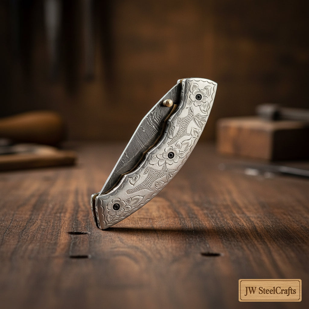 Handcrafted Damascus steel folding knife by JW SteelCrafts featuring an engraved silver handle, curved ergonomic profile, and patterned Damascus blade shown partially open on a white background.
