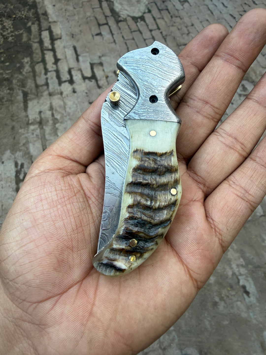 Pearlridge Damascus Folder 7" Handmade Mother of Pearl Lock Back