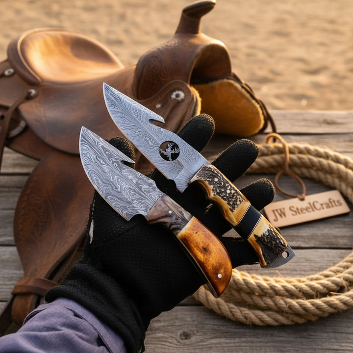Fielddraw Gut Hook Knife 8" Handmade Damascus Stag Bone Handle