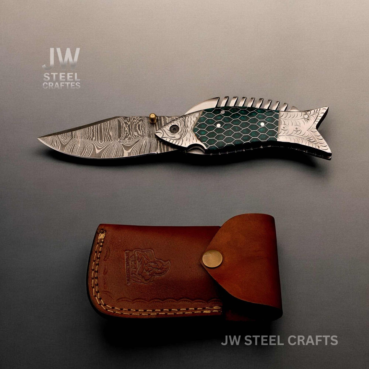 Hand-Forged Damascus Fish Folding Knife Collection – Custom Brass & Steel Pocket Knives with Leather Sheath