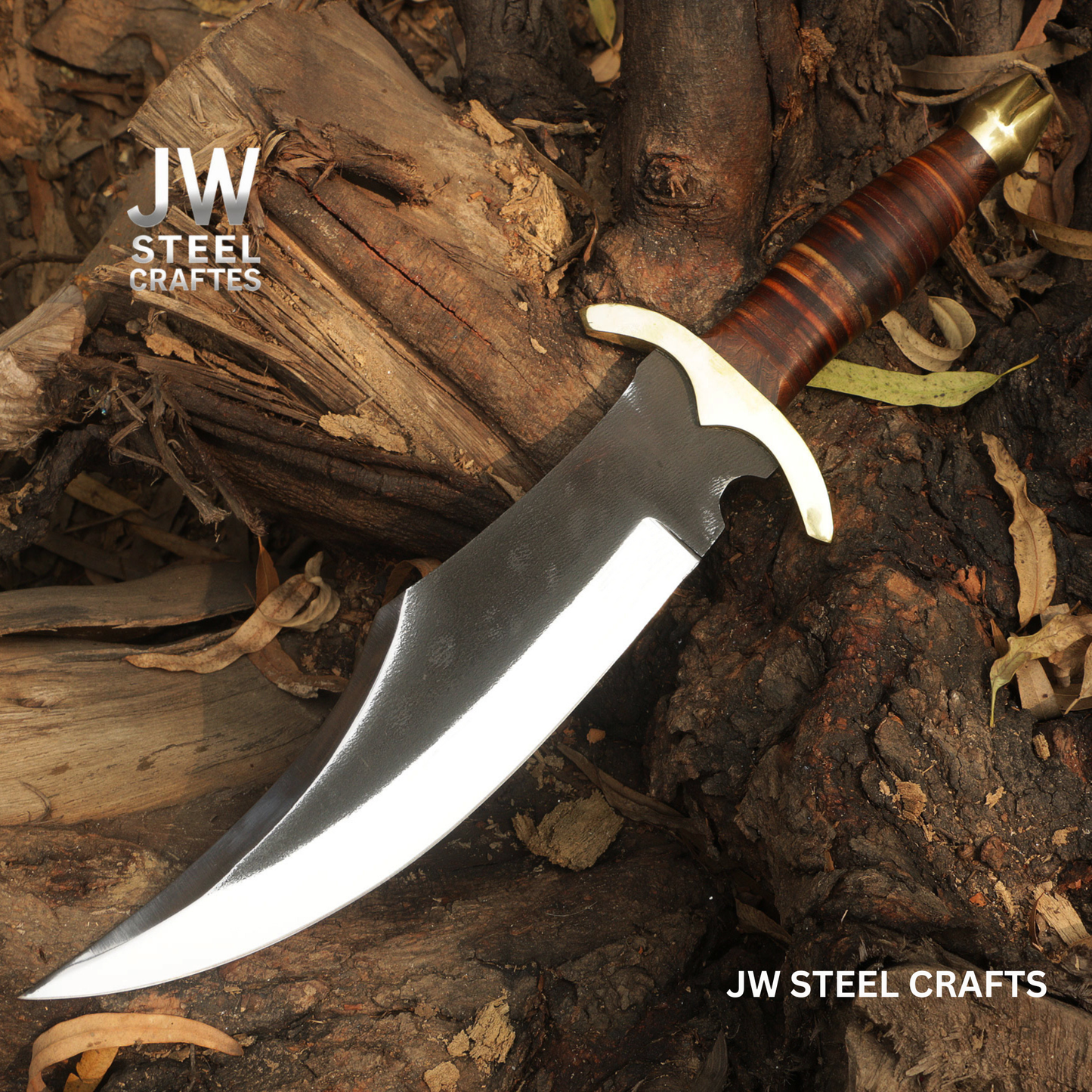 Knife with wooden handle on a natural background, featuring JW Steel Crafts branding.