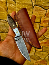 Load image into Gallery viewer, Handmade Damascus Steel EDC Knife with Horn Handle &amp; Leather Sheath – Compact Utility Blade