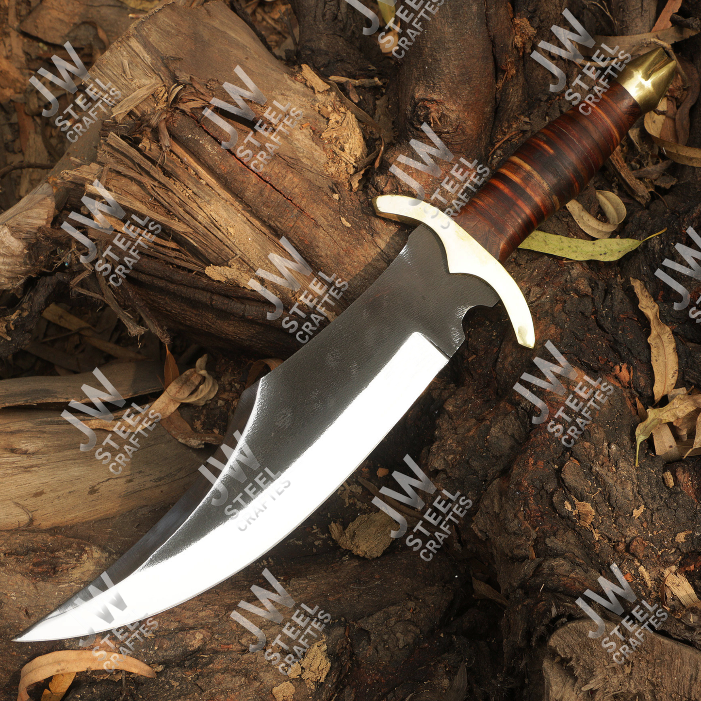 Hand Forged High Carbon Steel Bowie Knife with Leather Handle, Brass Guard & Sheath – Hunting, Camping, Collectors Knife