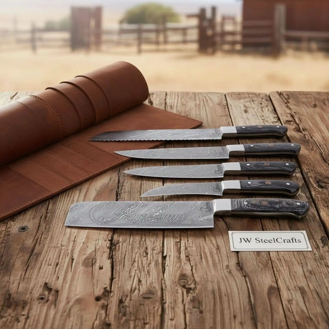 5-Piece Damascus Knife Set with Leather Roll and Black Resin Handles handmade Nakiri Knife by JW SteelCrafts