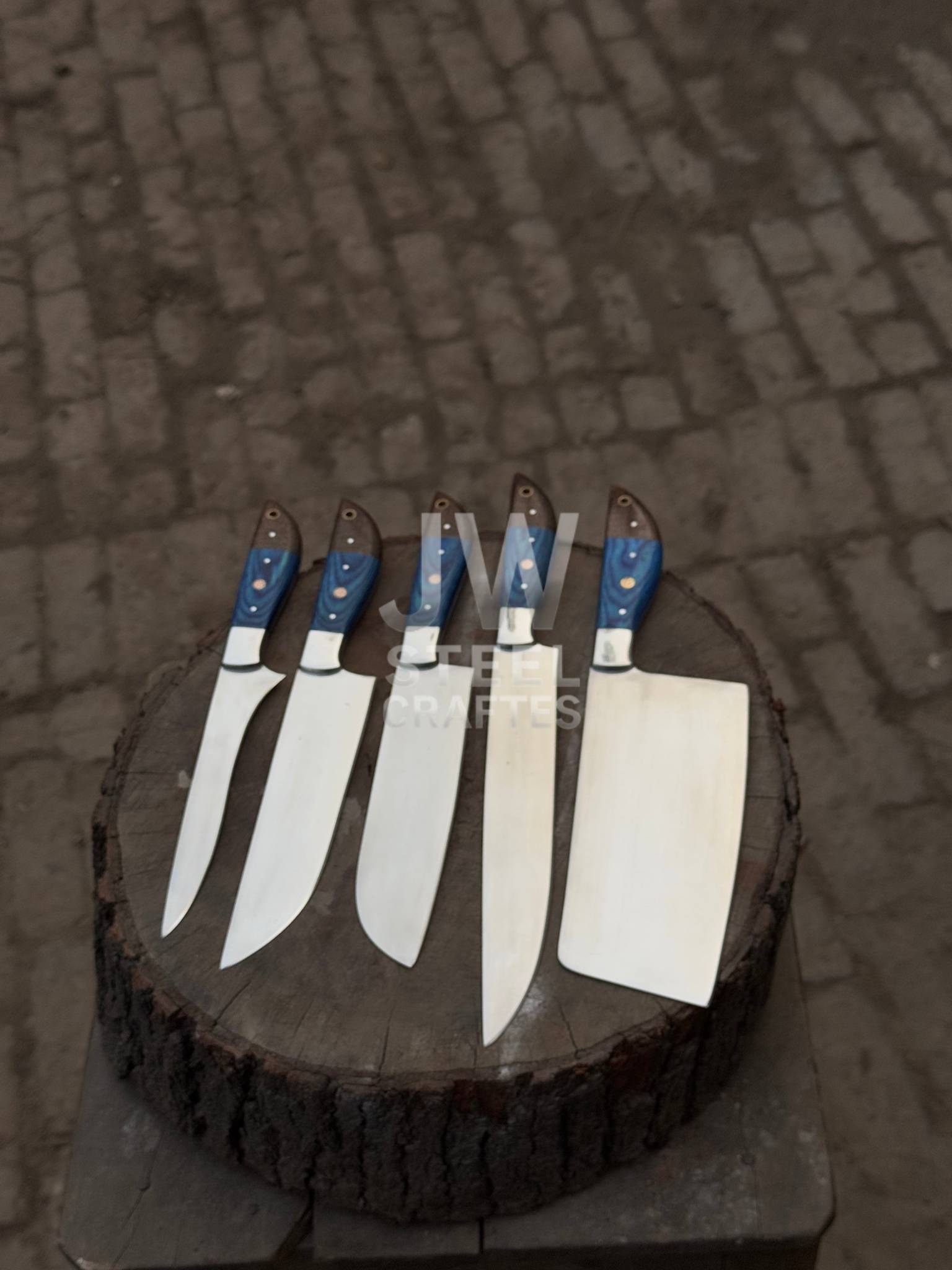 5 - Piece Stainless Steel Kitchen Knife Set with Blue & Wood Handles handmade Stainless Steel Chef Knives by JW SteelCrafts