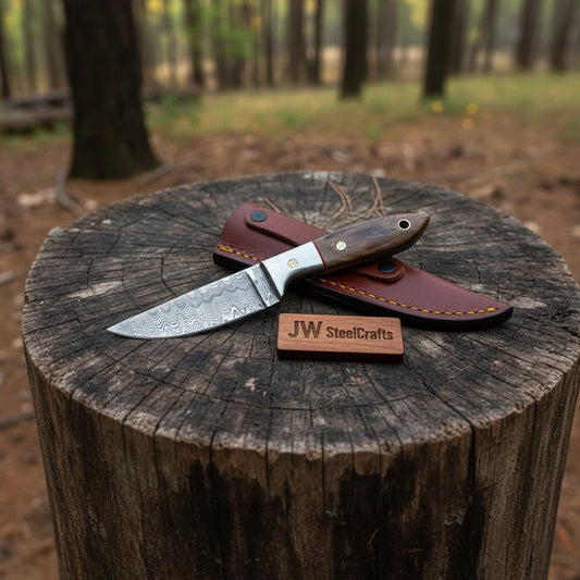 Small Damascus Utility Knife – Rosewood Handle With Leather Sheath handmade Skinner Knife by JW SteelCrafts