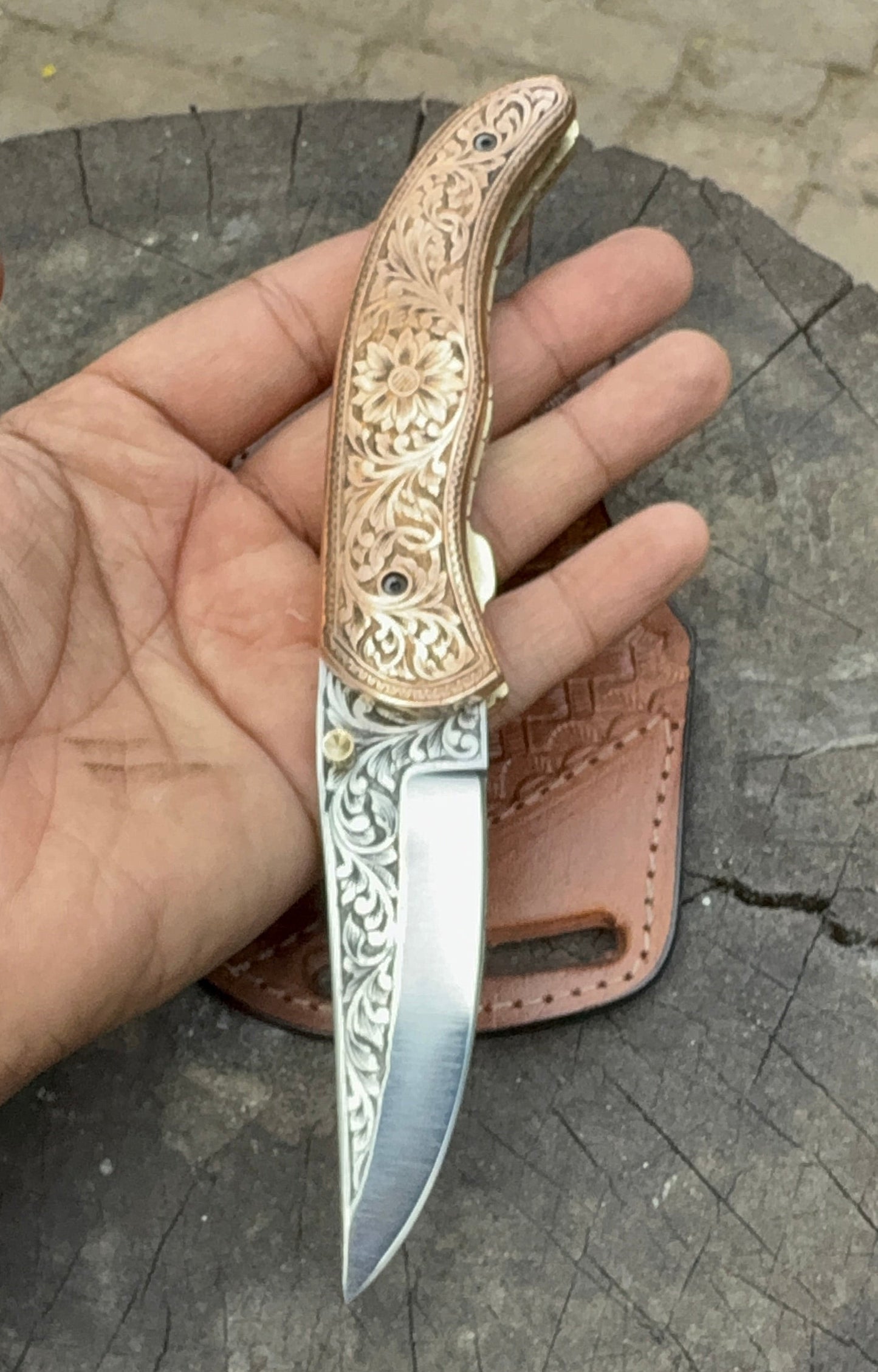 Hand-Engraved Brass Folding Knife | Floral Engraved Pocket Knife | Collector Gift by JW SteelCrafts