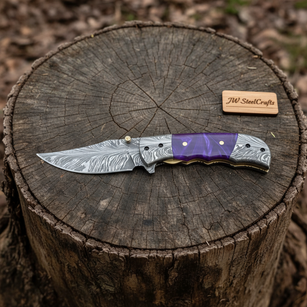 Handmade Feather Pattern Damascus Folding Knife with Purple Resin Handle & Leather Sheath