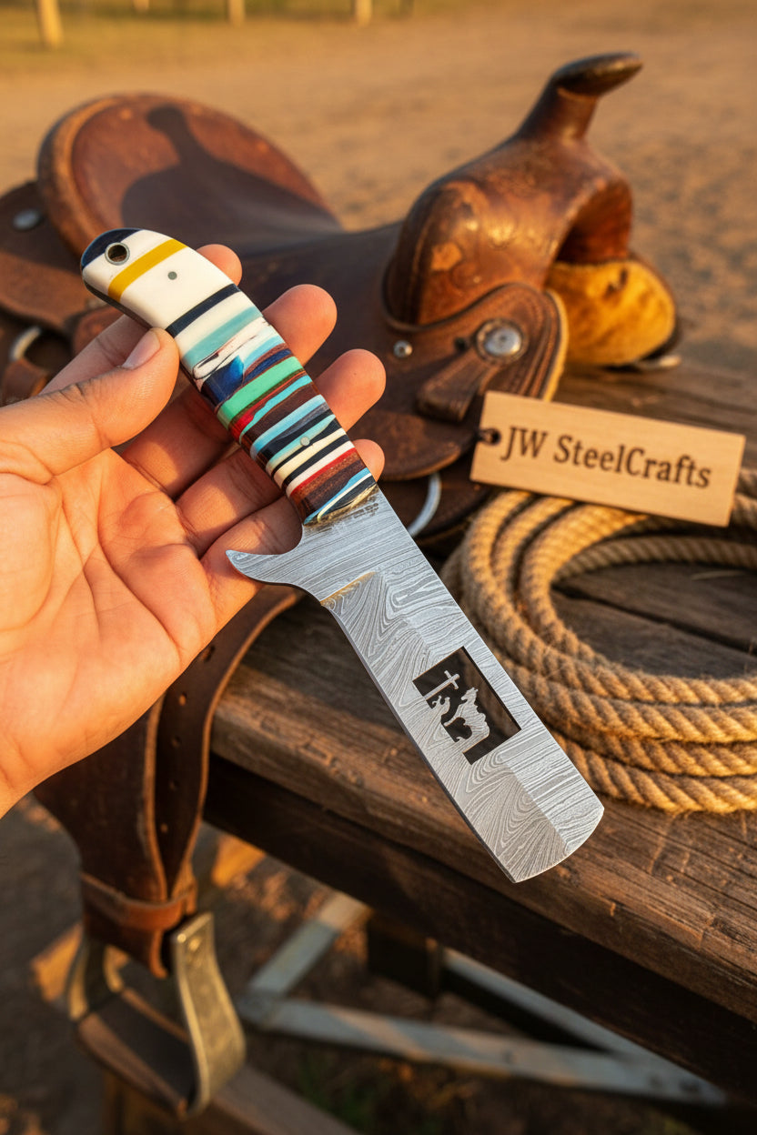 Damascus Bull Cutter Knife — Multi-Color Rainbow Resin Handle, Christian Cross Blade Engraving, Steel Bolster &amp; Lanyard Hole