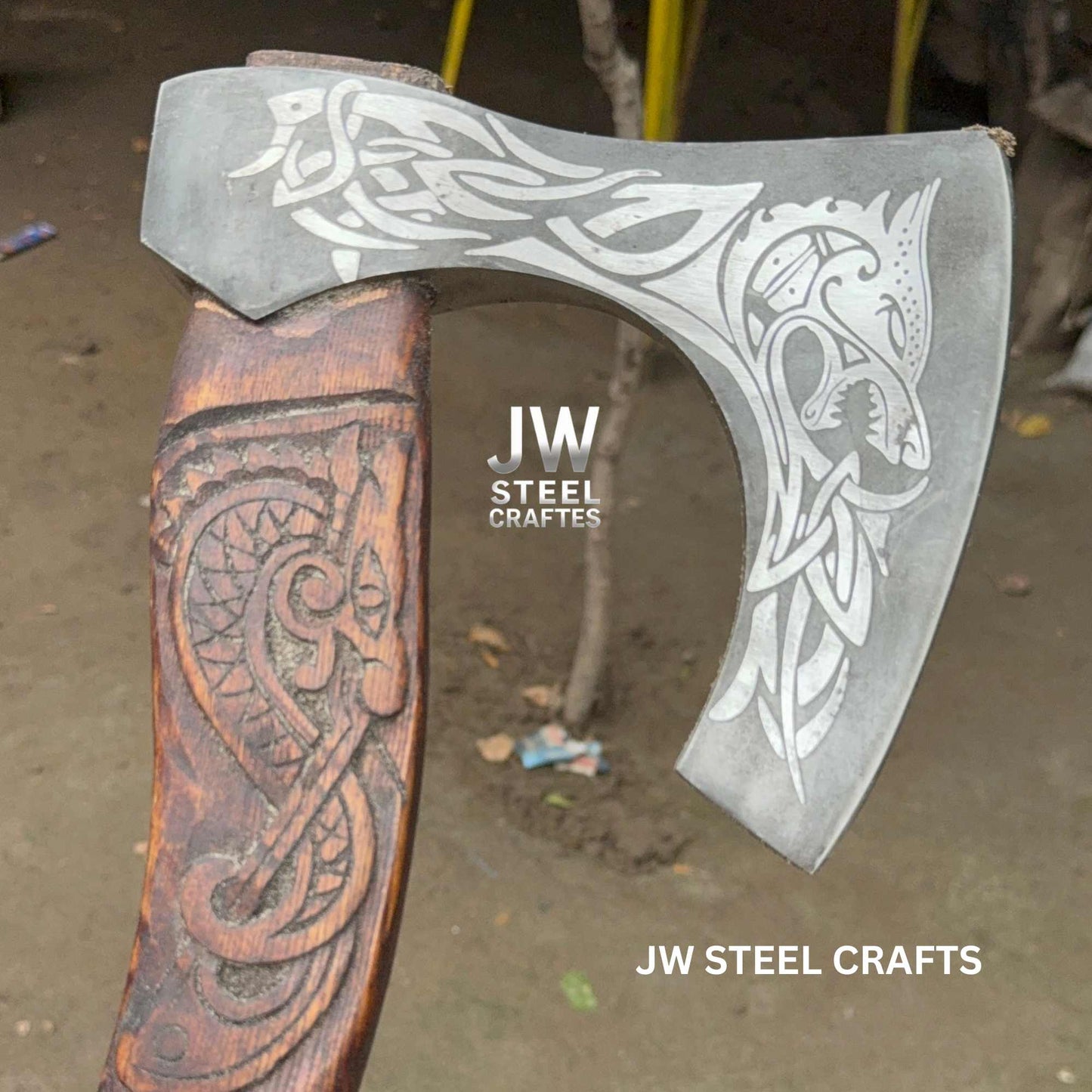 Hand-Forged Viking Axe – Wolf Engraved Steel Blade & Carved Wood Handle
