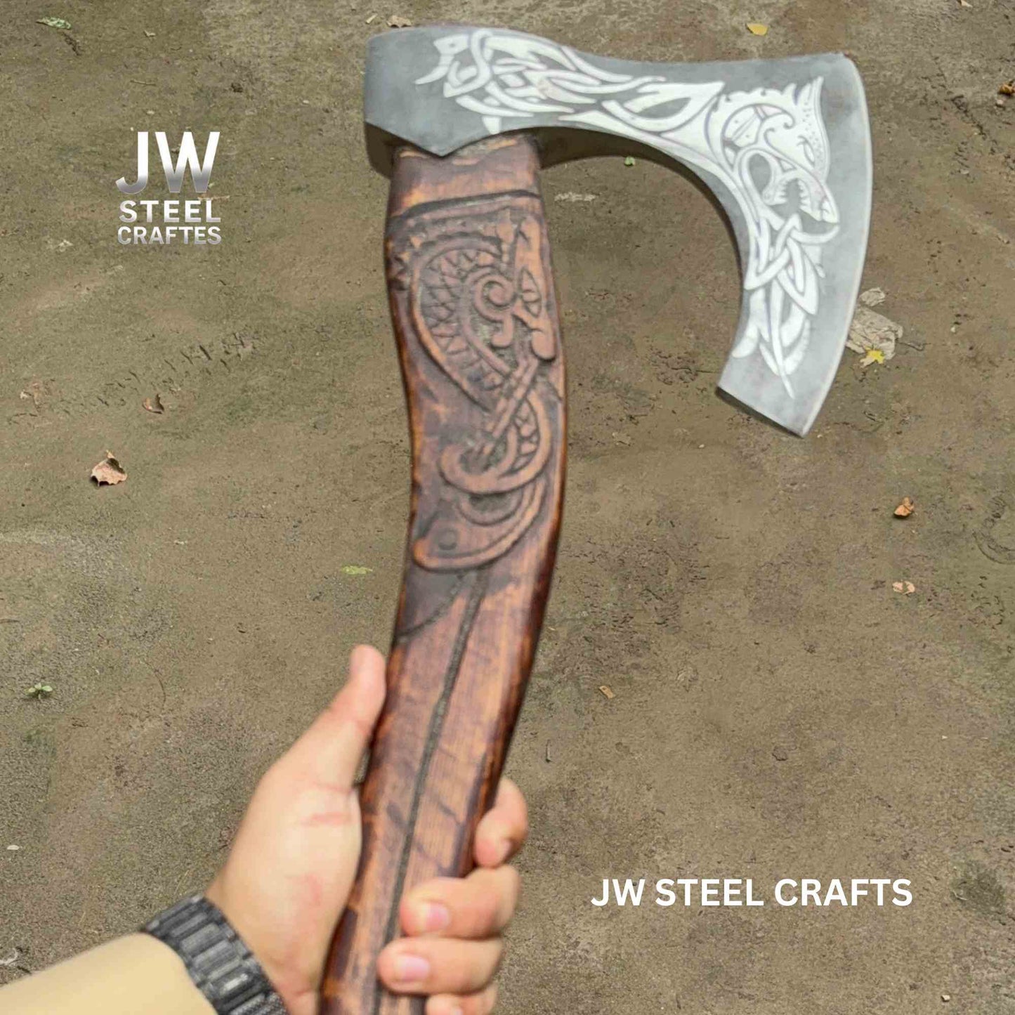 Hand-Forged Viking Axe – Wolf Engraved Steel Blade & Carved Wood Handle