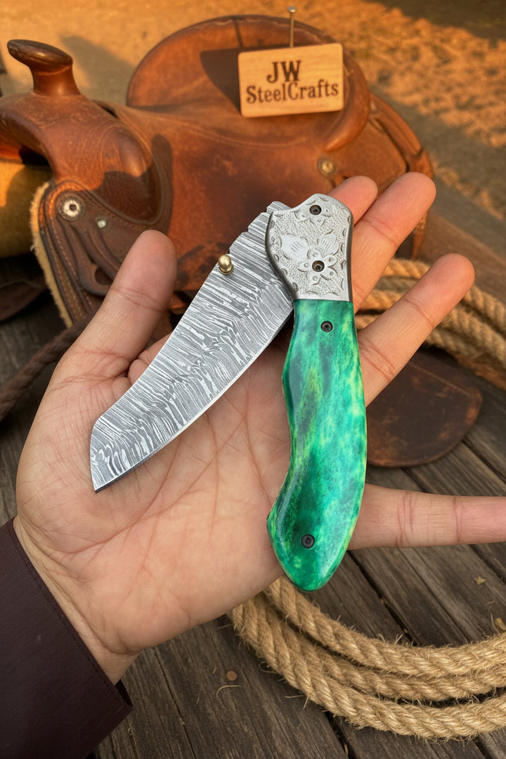 Jadeline Damascus Folder 7" Handmade Turquoise-Green Resin Handle