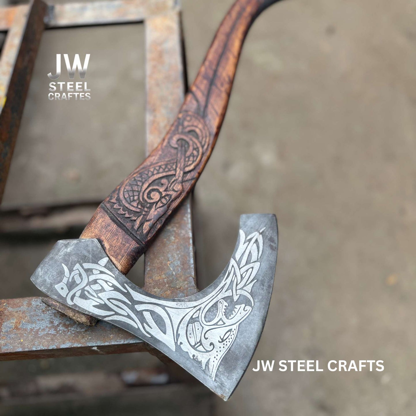 Hand-Forged Viking Axe – Wolf Engraved Steel Blade & Carved Wood Handle