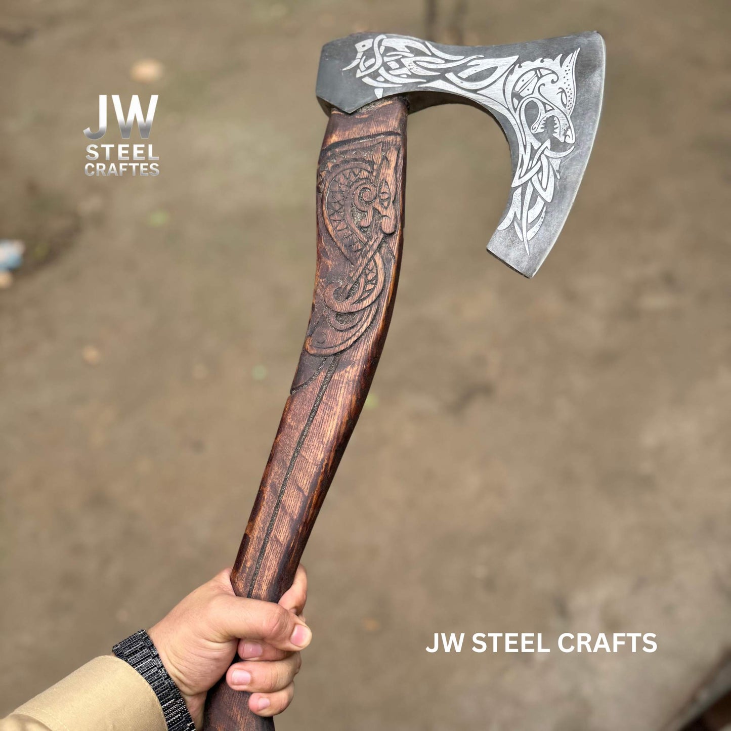 Hand-Forged Viking Axe – Wolf Engraved Steel Blade & Carved Wood Handle
