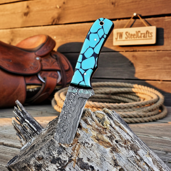 Mosaic Range Bull Cutter Knife 7" Handmade Turquoise Inlay Resin Handle