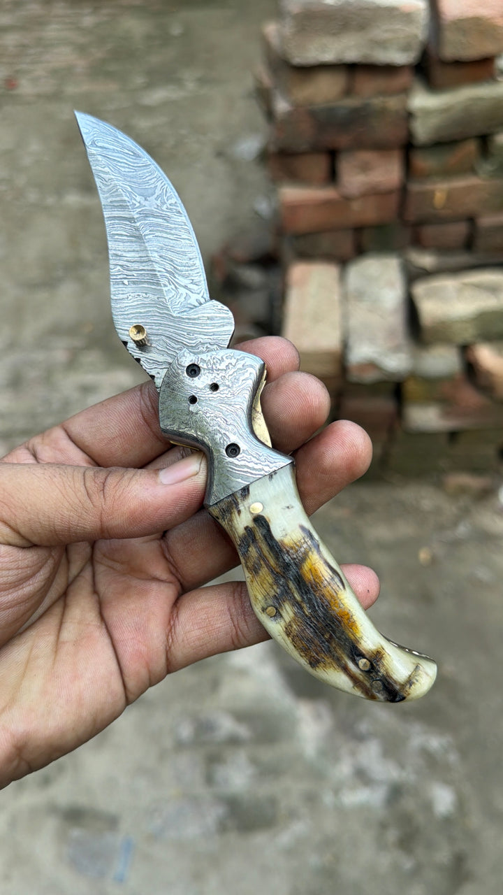 Pearlridge Damascus Folder 7" Handmade Mother of Pearl Lock Back