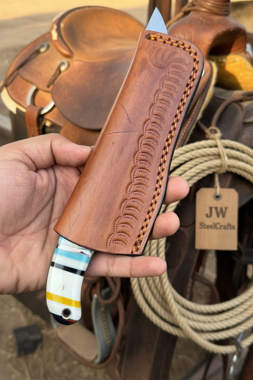 Damascus Bull Cutter Knife — Multi-Color Rainbow Resin Handle, Christian Cross Blade Engraving, Steel Bolster &amp; Lanyard Hole