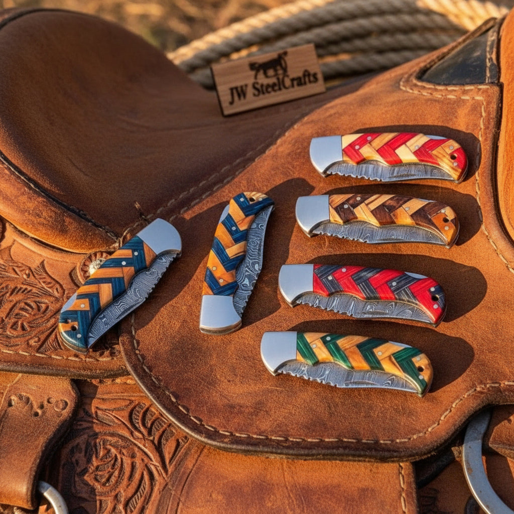 Wovencord Pocket Knife Set 8.5" Handmade Set of 5 Damascus Steel Blades