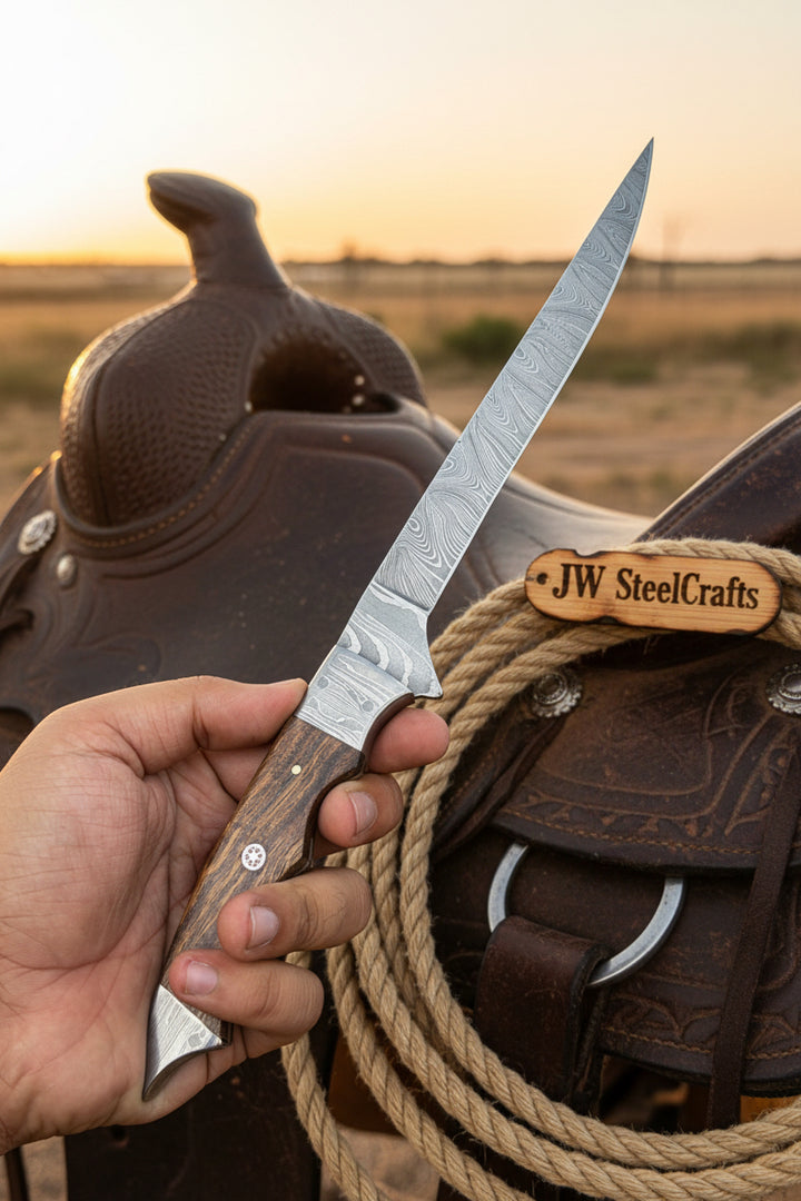 Handmade 13 Inch Overall Damascus Steel Fillet Knife –  Full Tang Fishing Knife with Hardwood Handle and Leather Sheath.