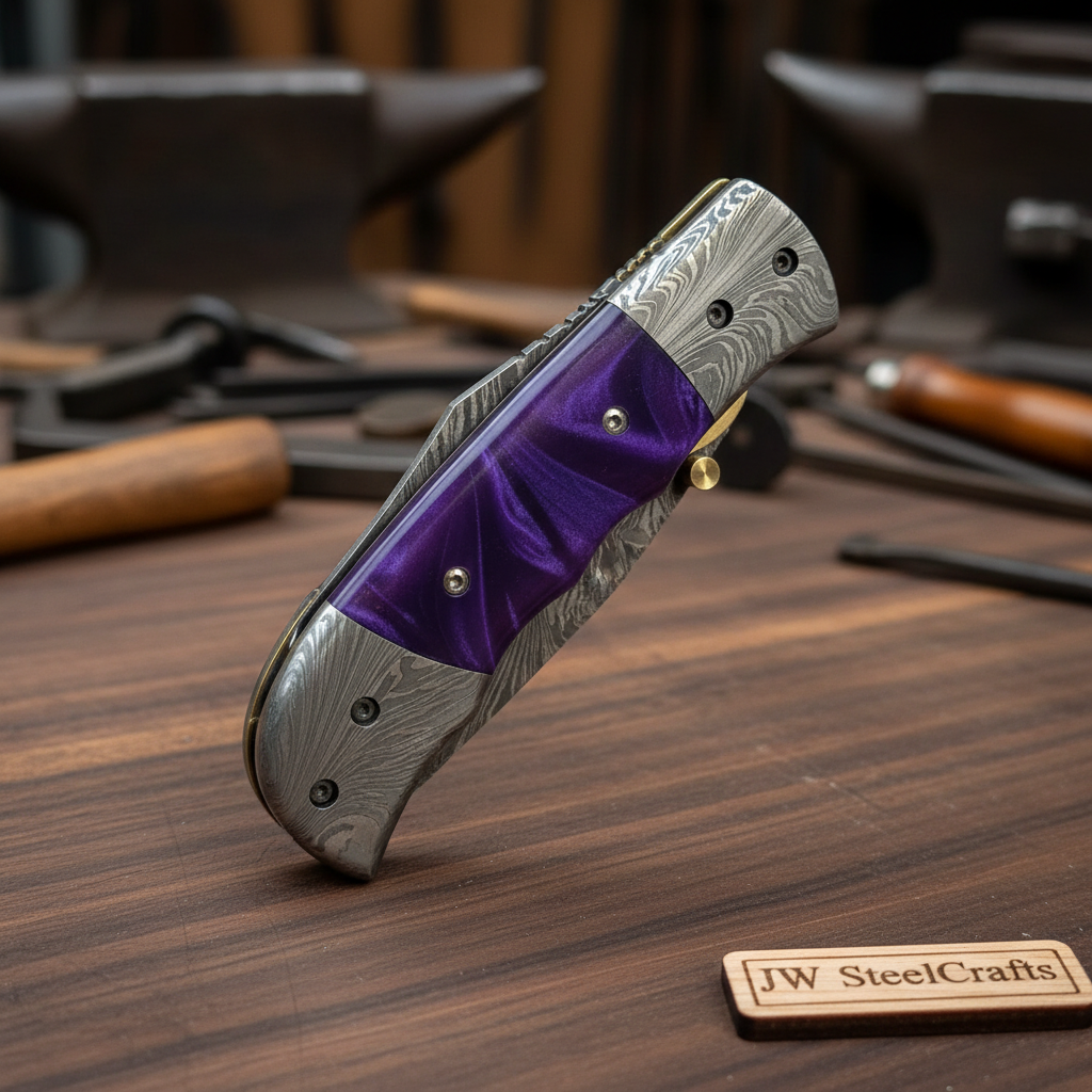 Handmade Feather Pattern Damascus Folding Knife with Purple Resin Handle & Leather Sheath