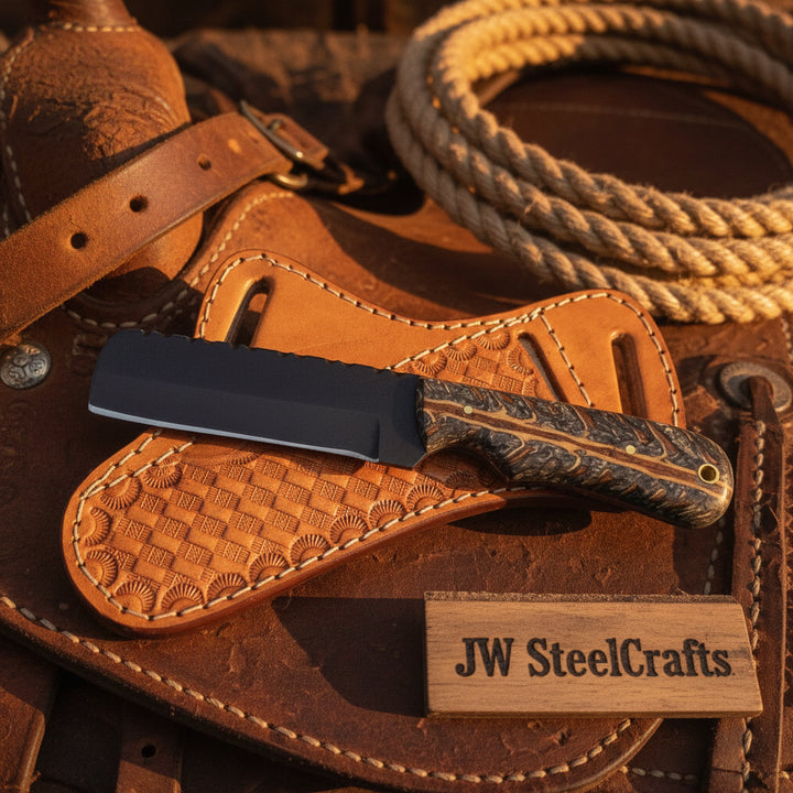 Blackstone Ranch Cleaver Knife 8" Handmade Black Coated Carved Handle