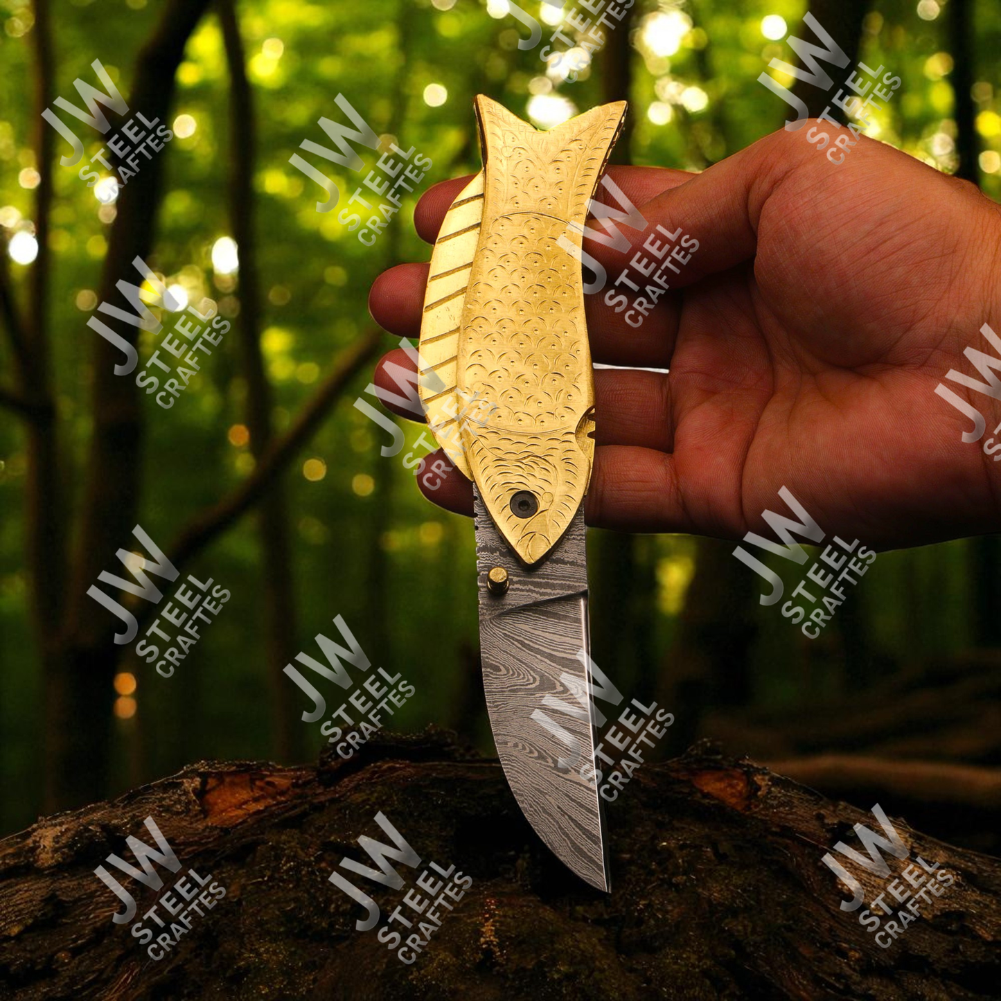 Handmade Fish Folding Knife – Damascus Steel Blade with Unique Handle