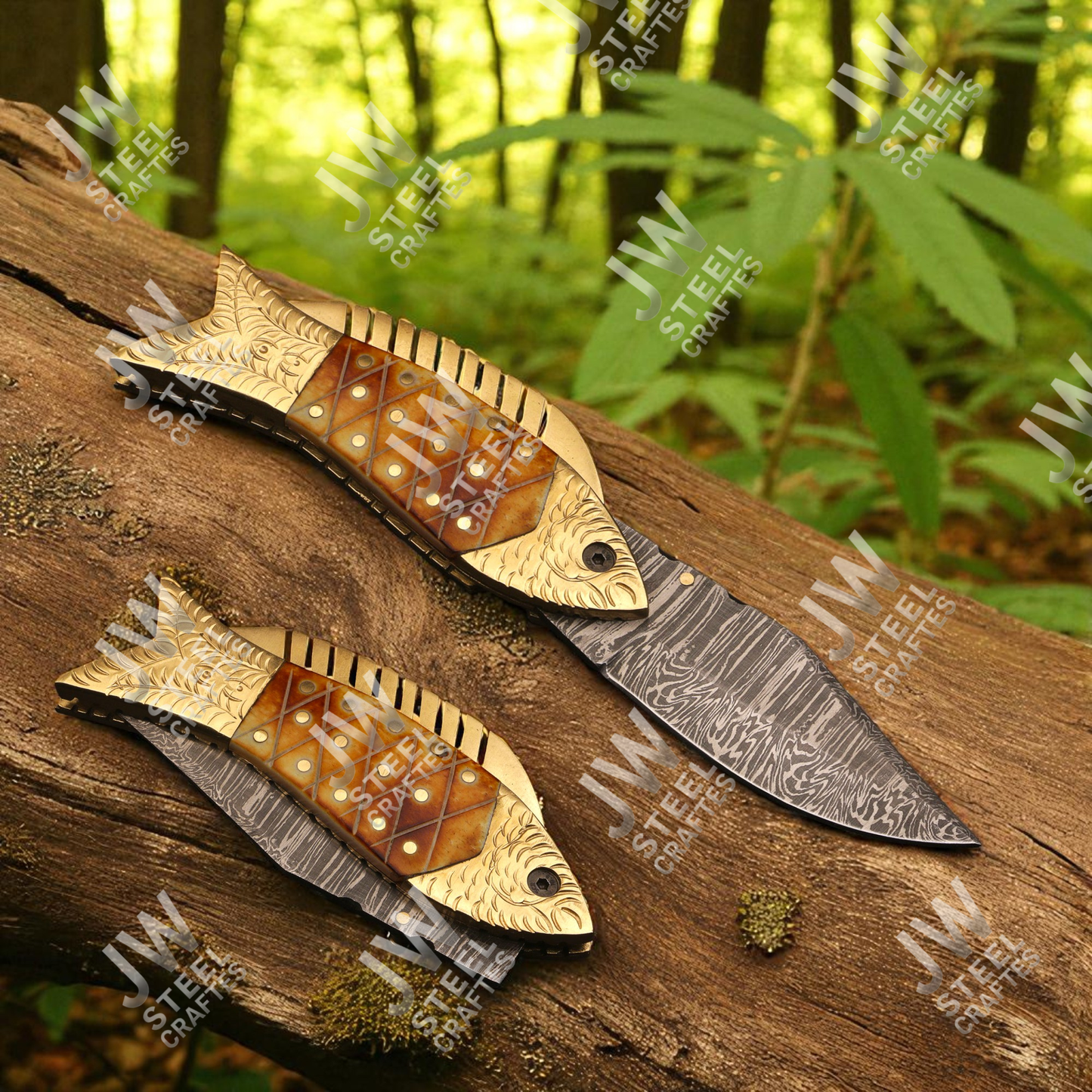 Handmade Fish Folding Knife – Damascus Steel Blade with Unique Handle