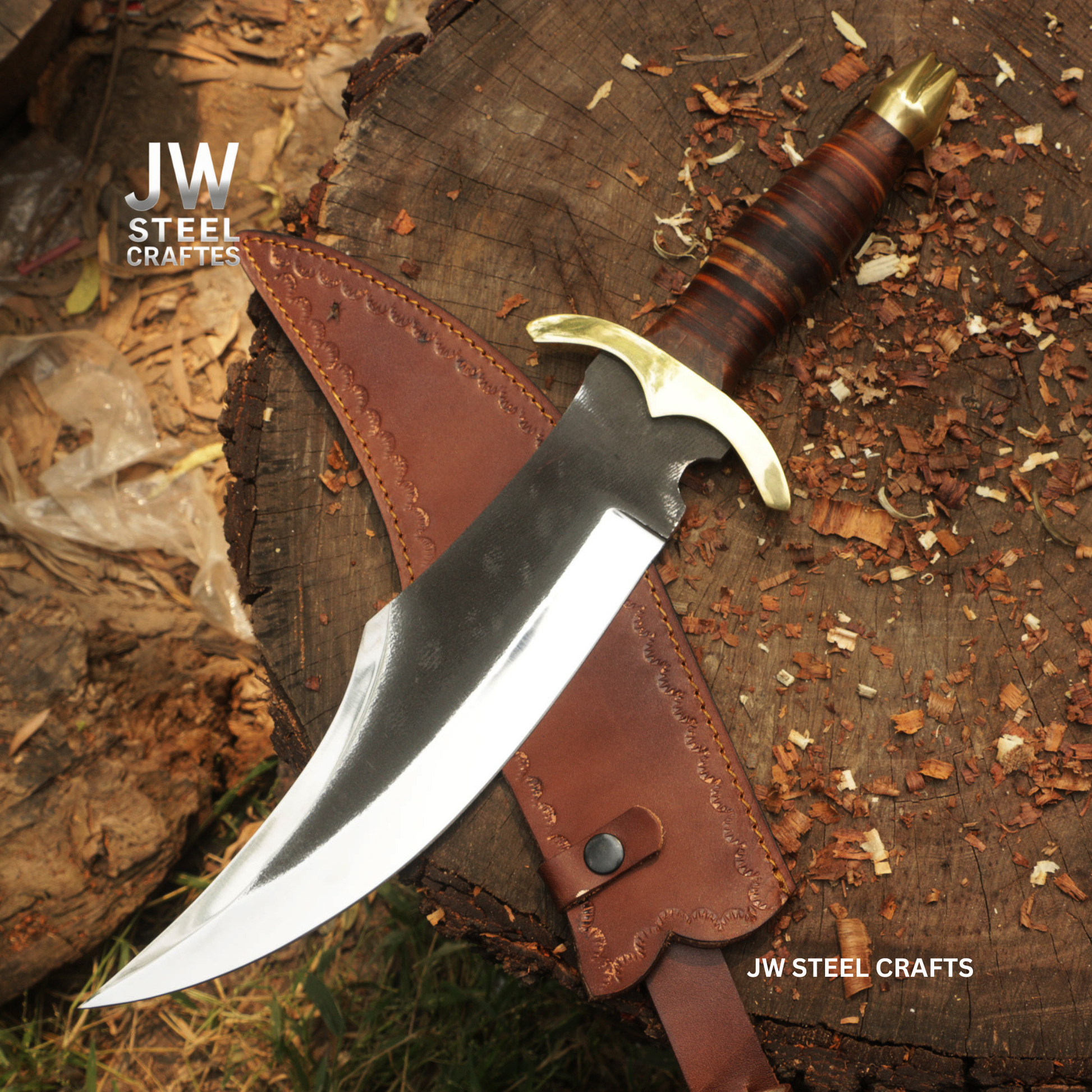 Knife with leather sheath on a wooden surface, branded 'JW Steel Crafts'.