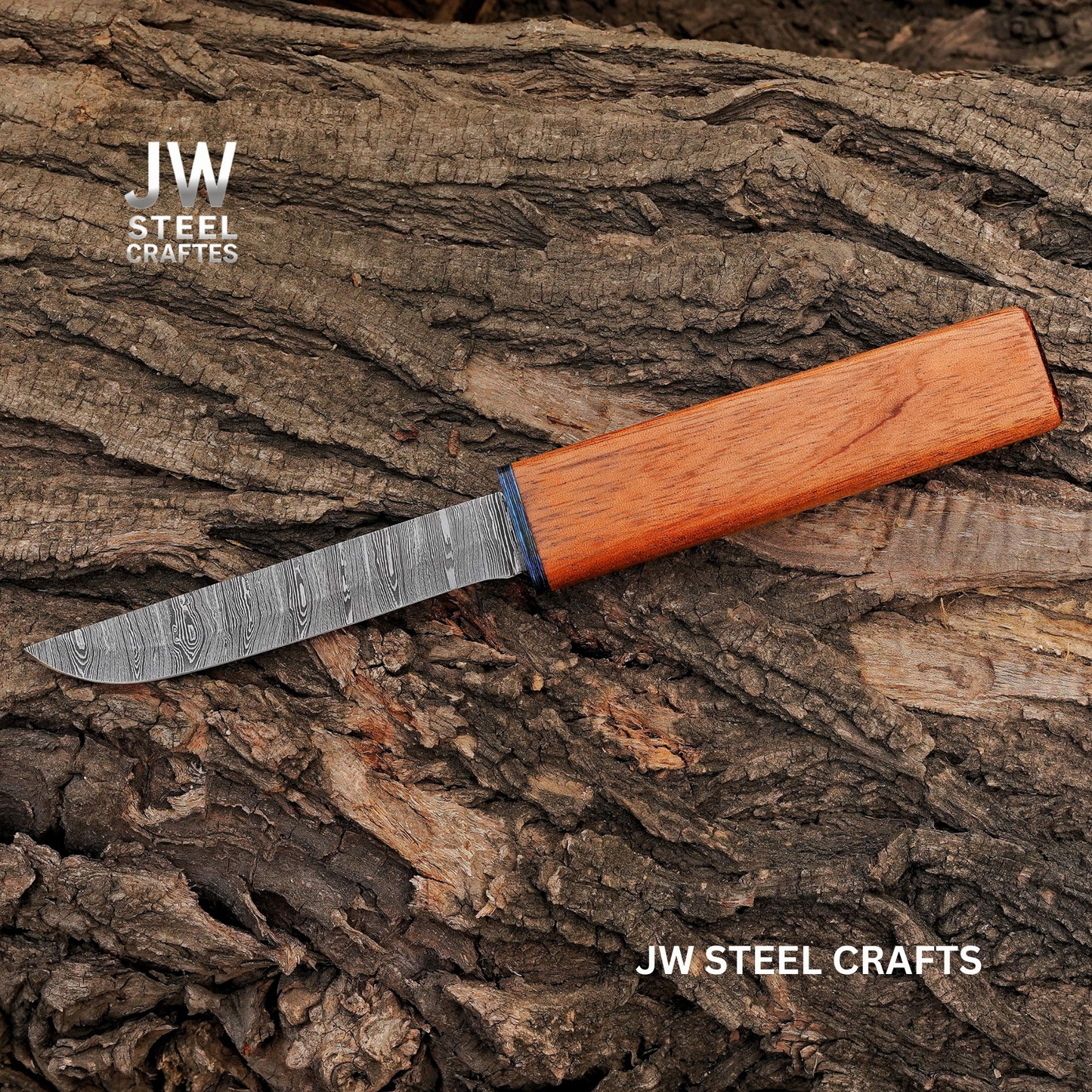 Knife with wooden handle on a textured surface, branded 'JW Steel Crafts'.