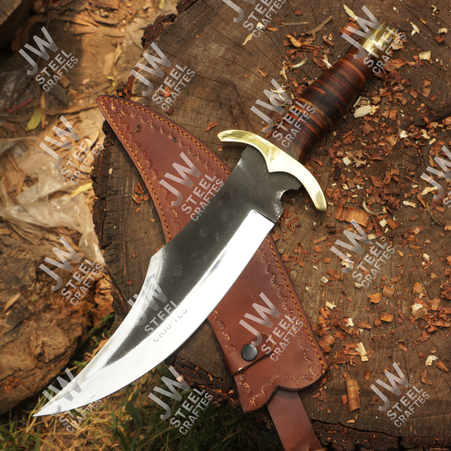 Hand Forged High Carbon Steel Bowie Knife with Leather Handle, Brass Guard & Sheath – Hunting, Camping, Collectors Knife