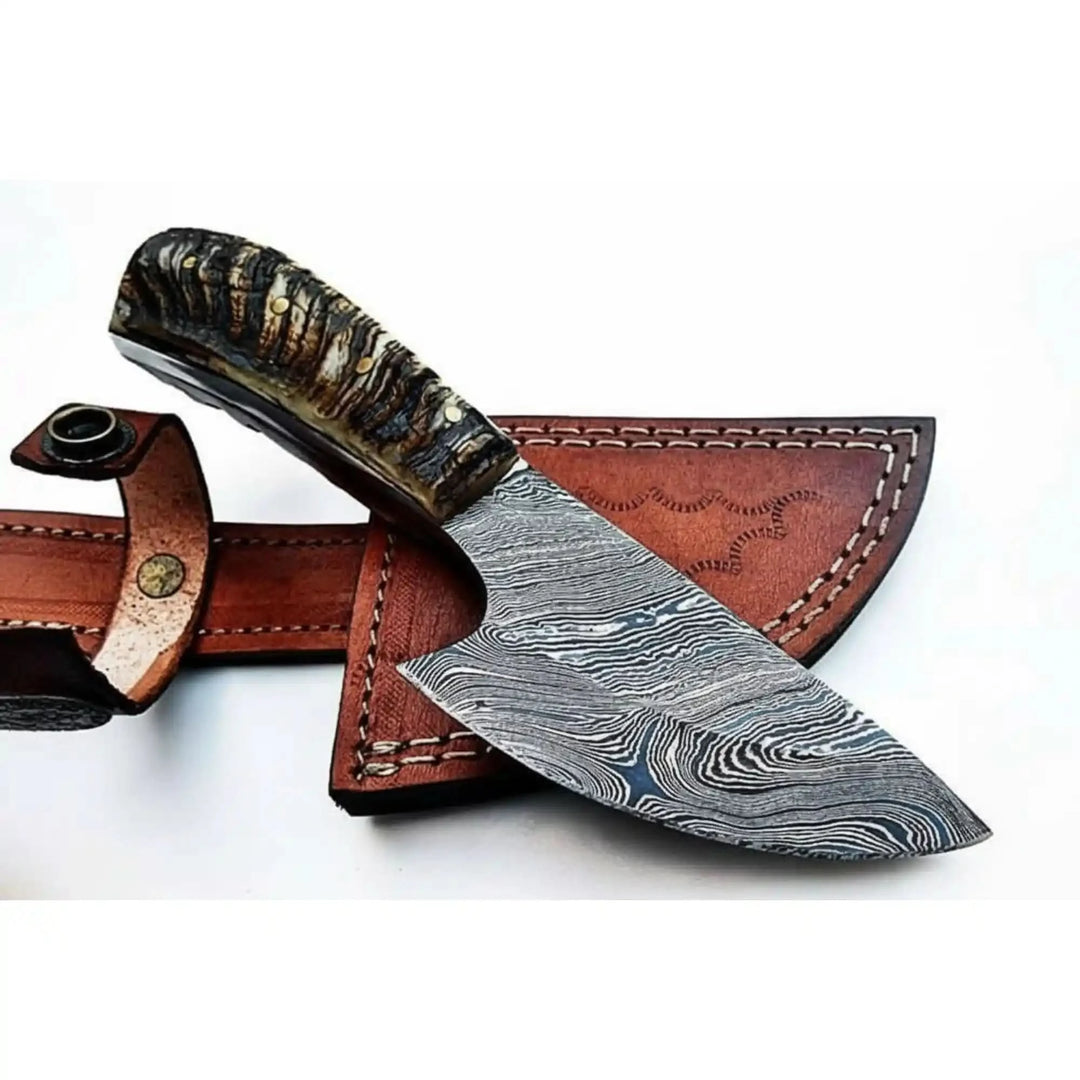 6 Inch Damascus Steel Skinner Knife with Ram Horn Handle and Leather Sheath handmade Skinner Knife by JW SteelCrafts