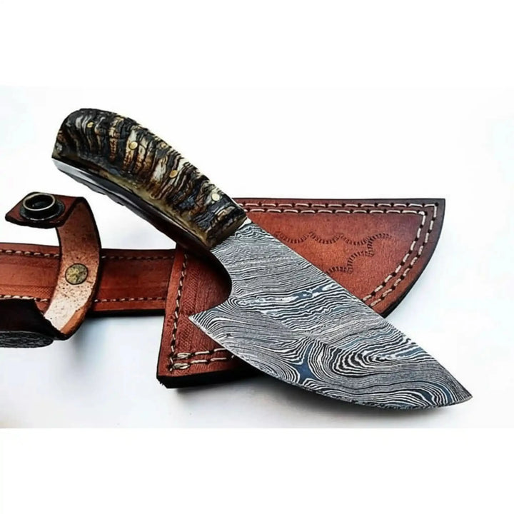 6 Inch Damascus Steel Skinner Knife with Ram Horn Handle and Leather Sheath handmade Skinner Knife by JW SteelCrafts