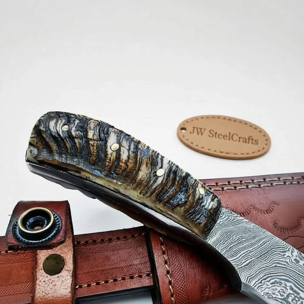 6 Inch Damascus Steel Skinner Knife with Ram Horn Handle and Leather Sheath handmade Skinner Knife by JW SteelCrafts
