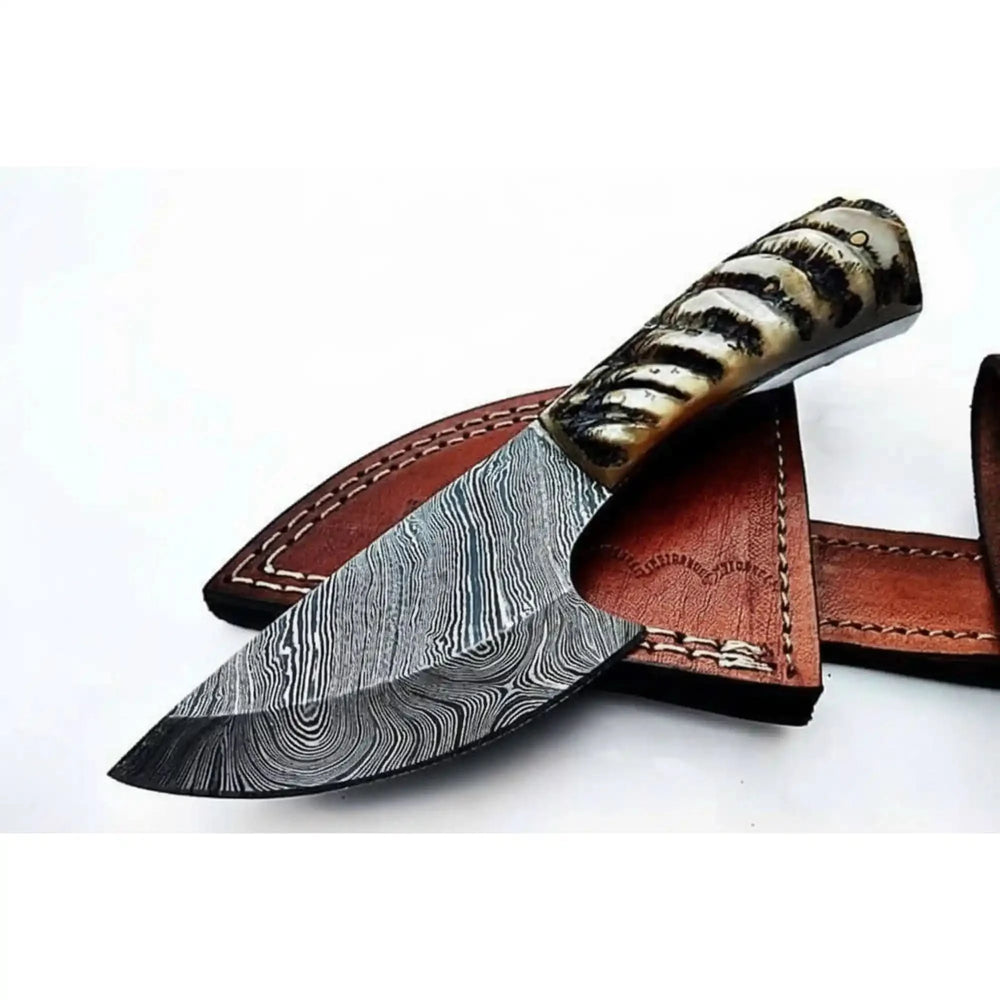 6 Inch Damascus Steel Skinner Knife with Ram Horn Handle and Leather Sheath handmade Skinner Knife by JW SteelCrafts