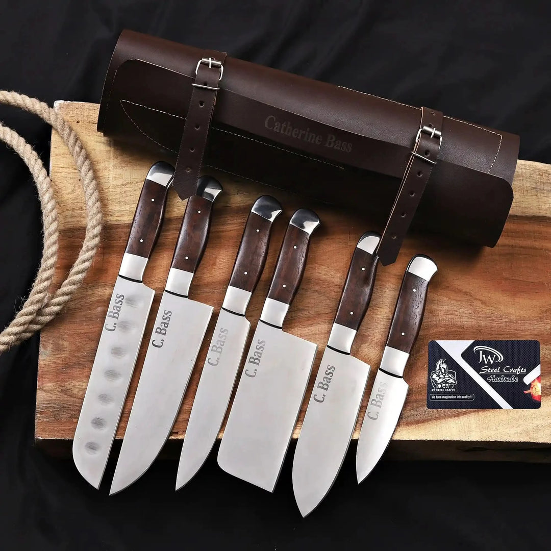 Complete 6-piece handmade chef knife set with custom &