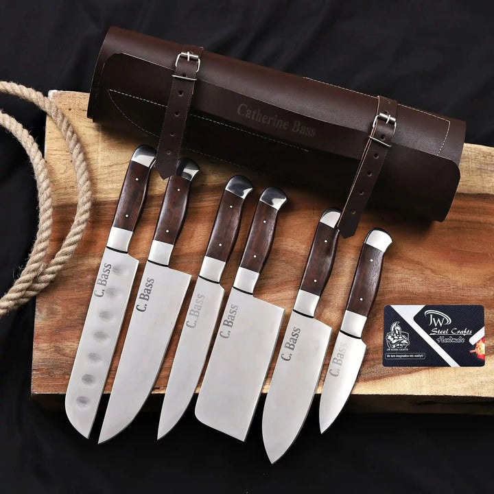 Complete 6-piece handmade chef knife set with custom &