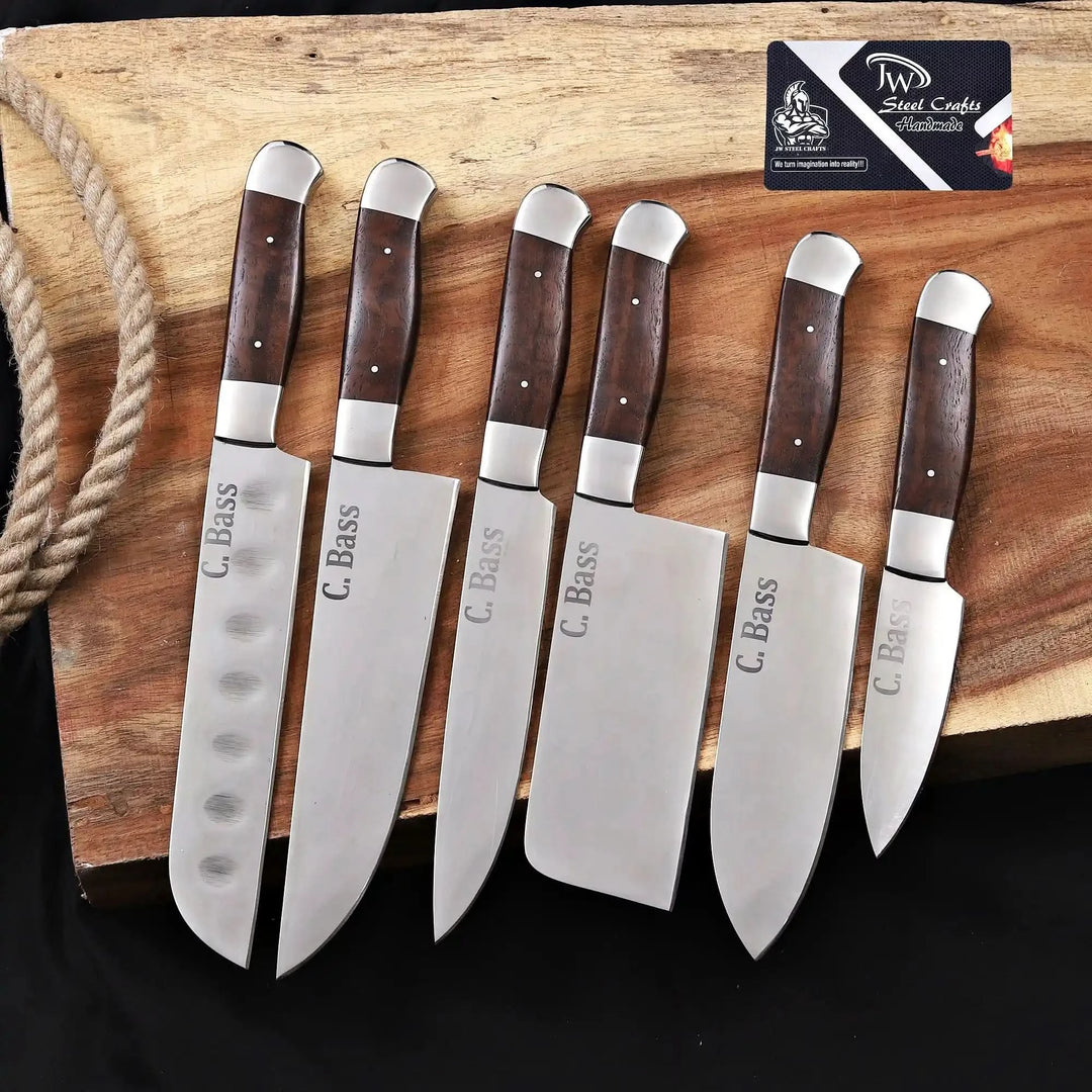  handmade 6-piece full tang kitchen knife set with walnut handles and custom engraving on wooden board