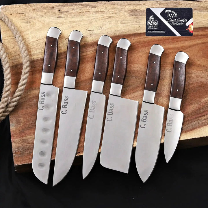  handmade 6-piece full tang kitchen knife set with walnut handles and custom engraving on wooden board