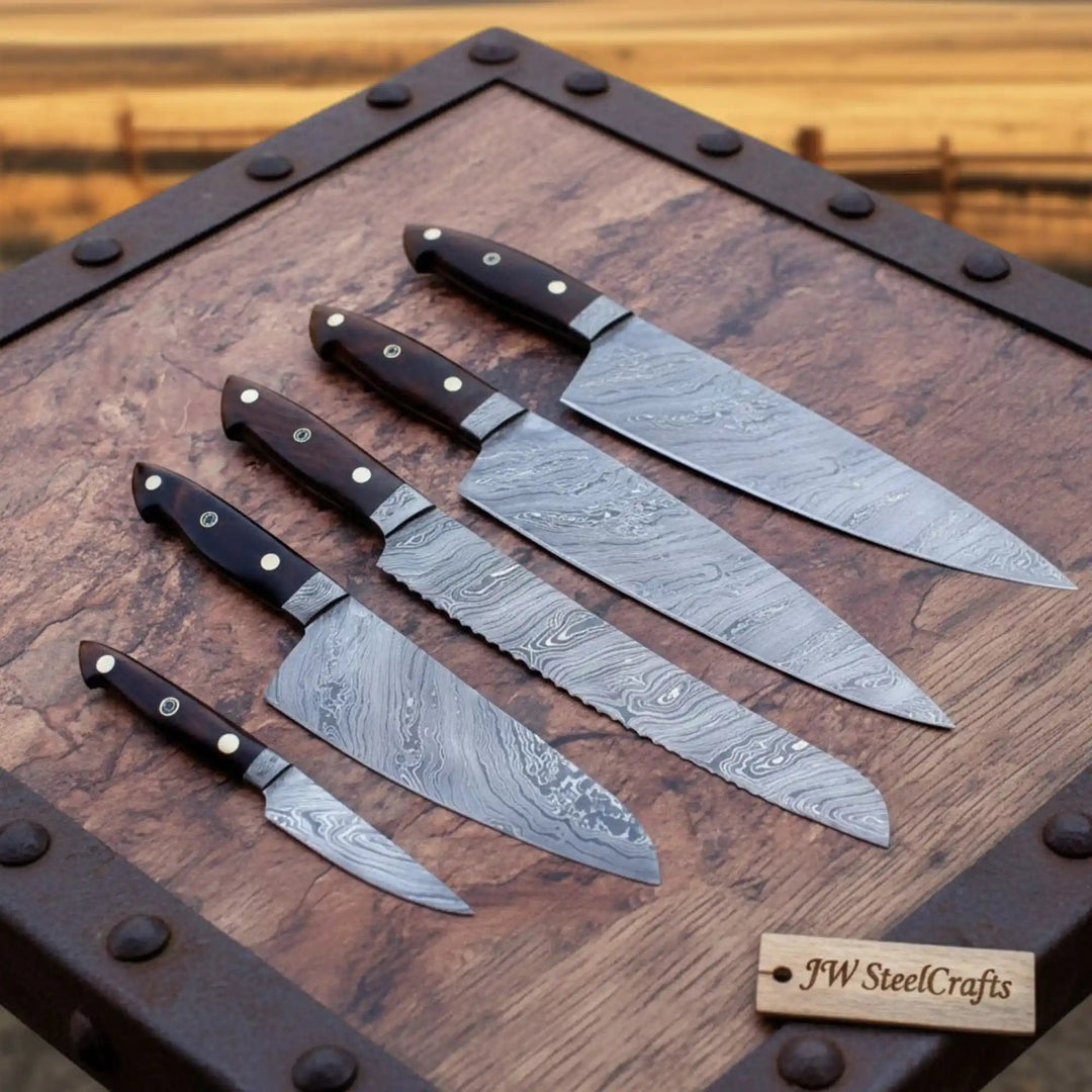6 Piece Damascus Kitchen Knife Set, Gyuto and Petty Knife Collection, Handmade Damascus Steel Blades with Black Micarta Handles, Professional Chef Knife Set JW SteelCrafts handmade Handmade Chef Knife Sets by JW SteelCrafts