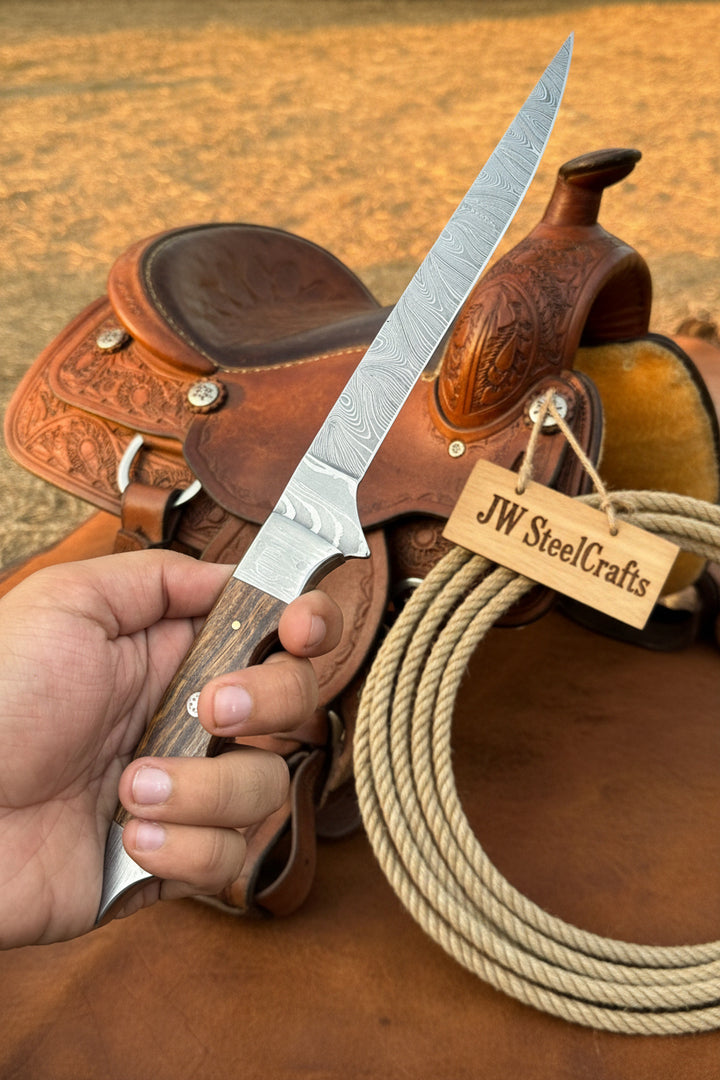 Handmade 13 Inch Overall Damascus Steel Fillet Knife –  Full Tang Fishing Knife with Hardwood Handle and Leather Sheath.