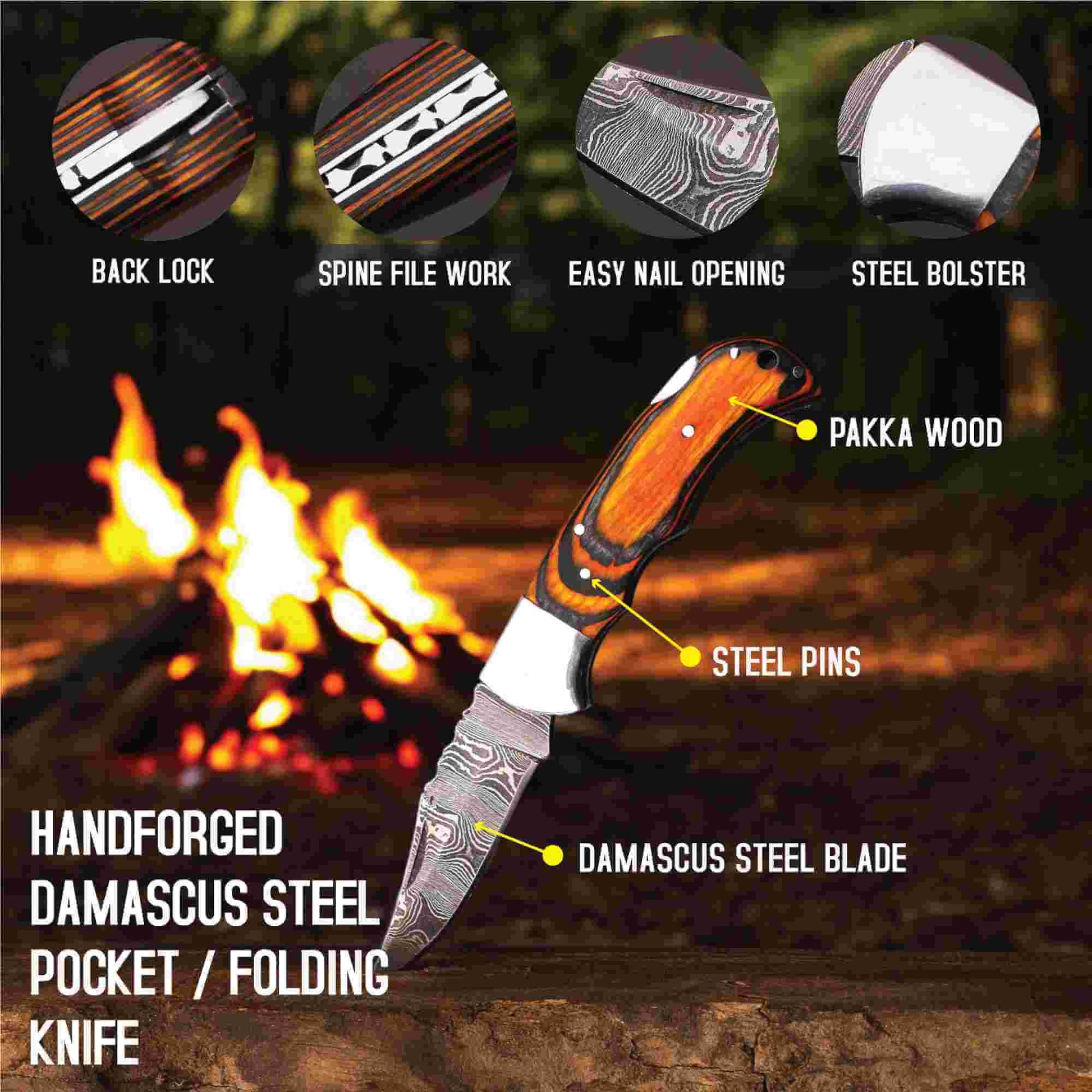 Hand-forged Damascus steel pocket folding knife by JW SteelCrafts showing back lock mechanism, spine file work, easy nail opening, steel bolster, pakka wood handle with steel pins, and patterned Damascus steel blade in outdoor campfire setting