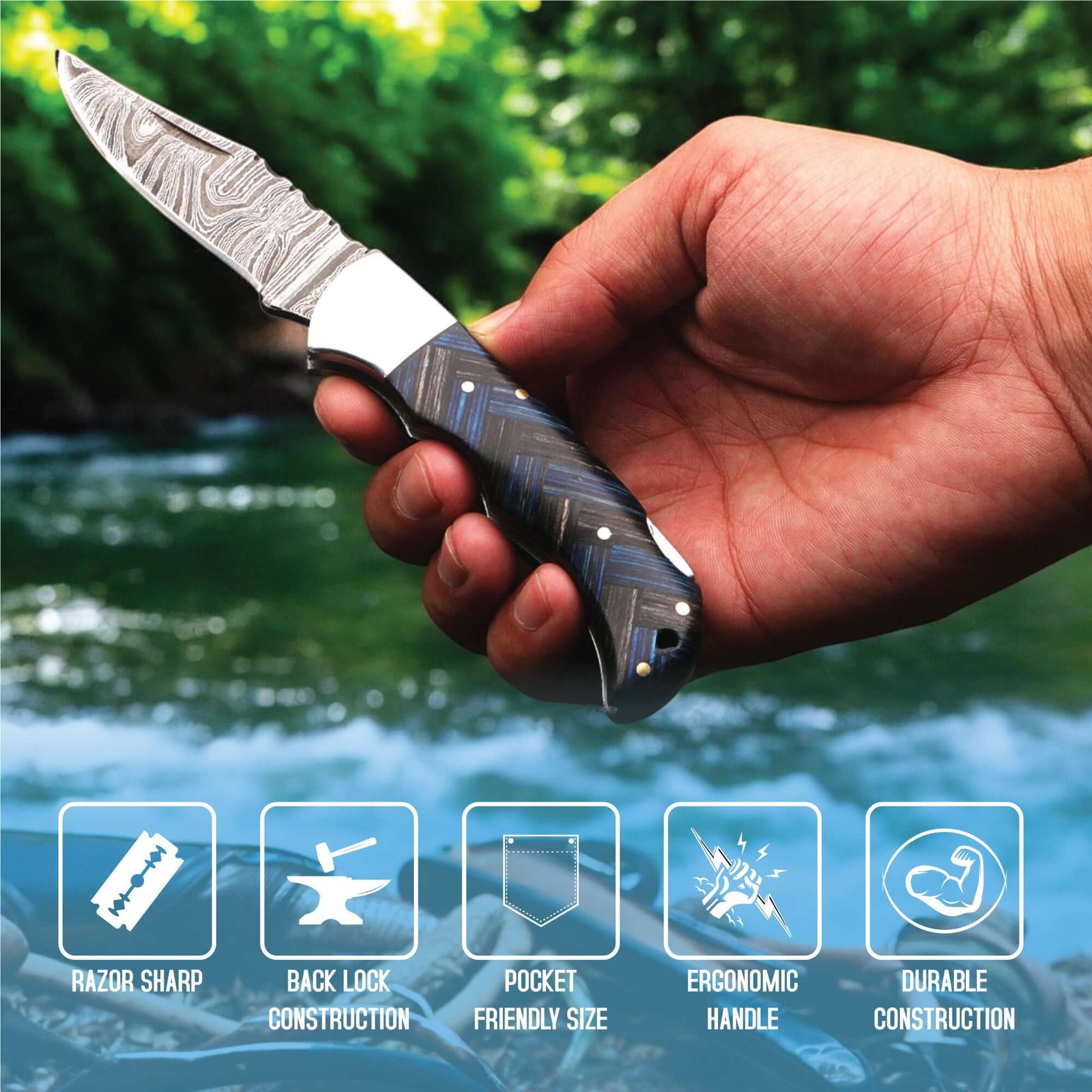 Hand holding a Damascus steel folding knife with pakka wood handle and stainless steel bolster, showing compact pocket size, ergonomic grip, back lock construction, and patterned Damascus blade in outdoor setting.