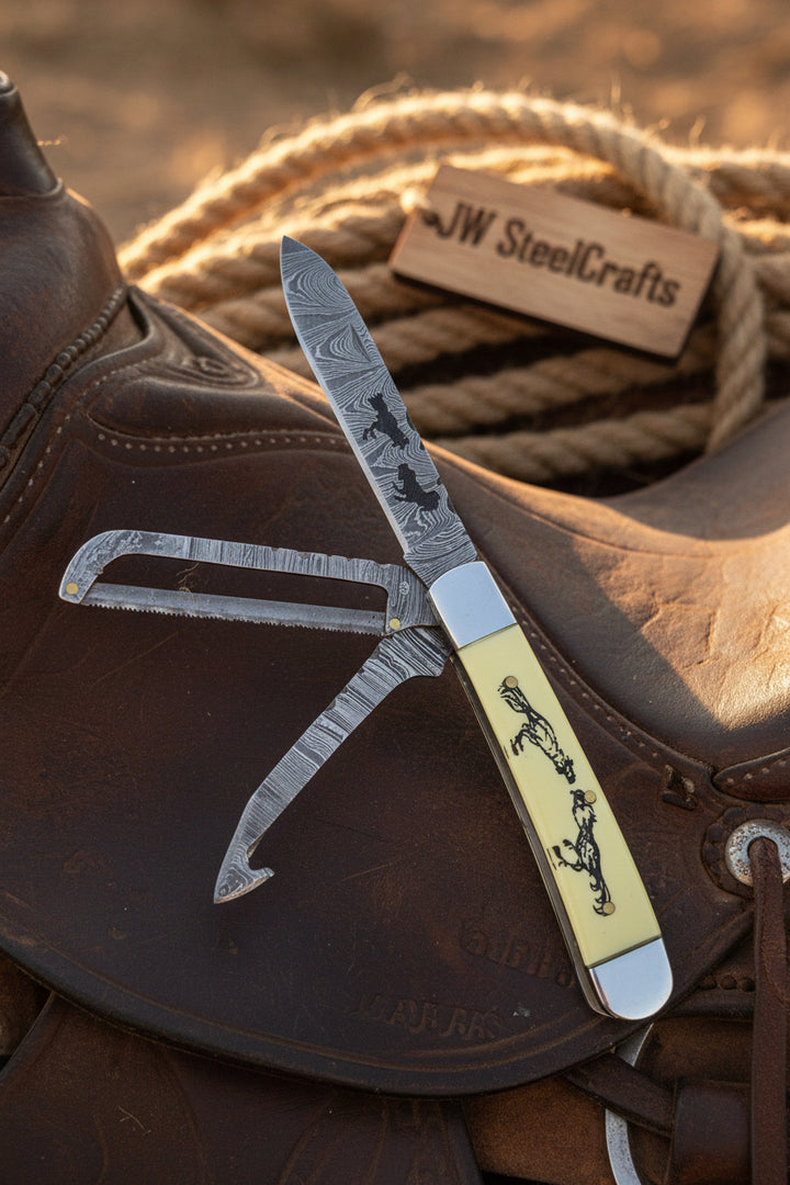 Ivory Stallion Trail Trapper Folder Knife 7" Handmade Damascus Steel with Ivory bone handle