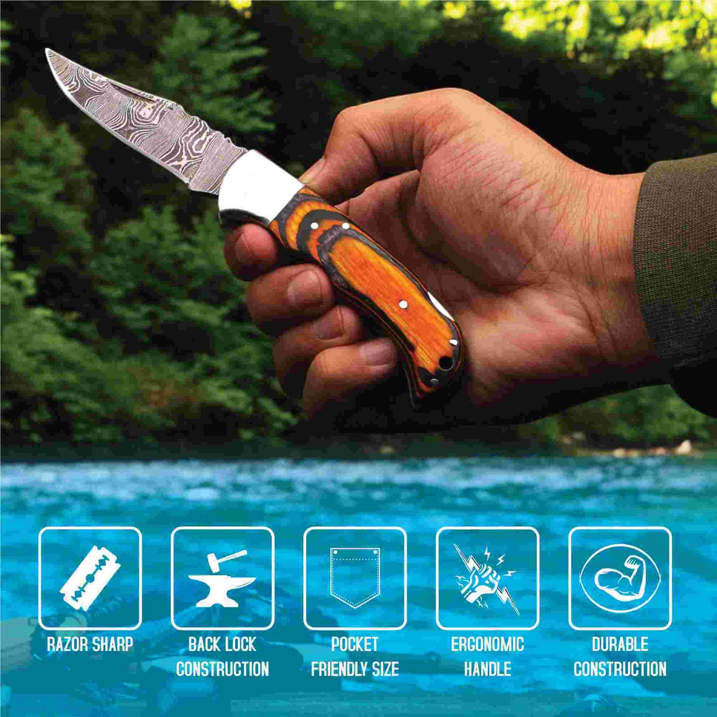 Handcrafted Damascus steel folding knife by JW SteelCrafts with orange and black layered wood handle, shown held in hand outdoors near water, highlighting razor-sharp blade, ergonomic handle, pocket-friendly size, and durable construction icons