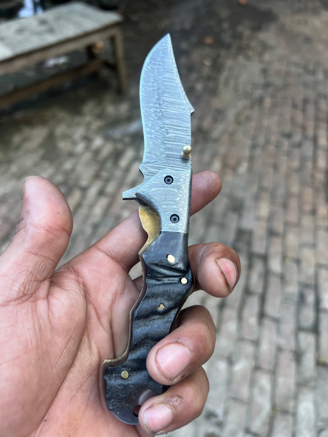 Grithorn Damascus Folder 7" Handmade Horn Handle Lock Back Mechanism