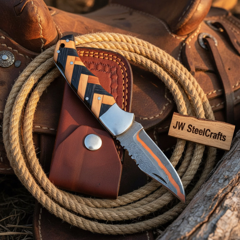 Timberline Trapper Skinner Knife Handmade Damascus Liner Lock wood handle