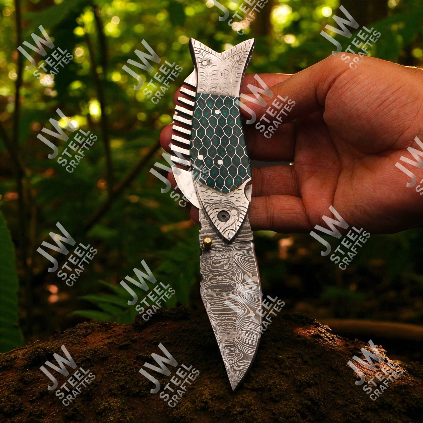Hand-Forged Damascus Steel Folding Knife – Green Honeycomb Resin Fish Handle with Leather Sheath | Custom Collectible Gift