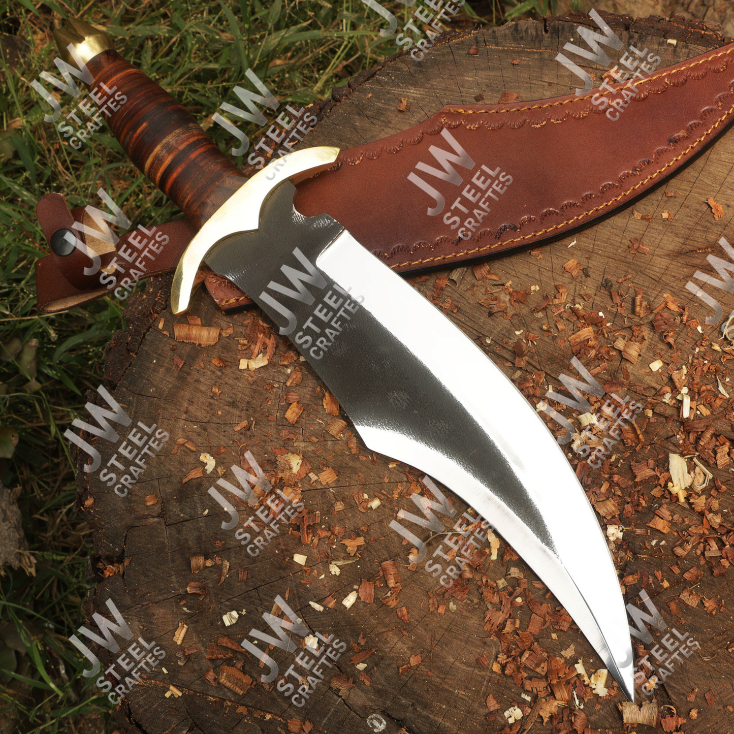 Hand Forged High Carbon Steel Bowie Knife with Leather Handle, Brass Guard & Sheath – Hunting, Camping, Collectors Knife